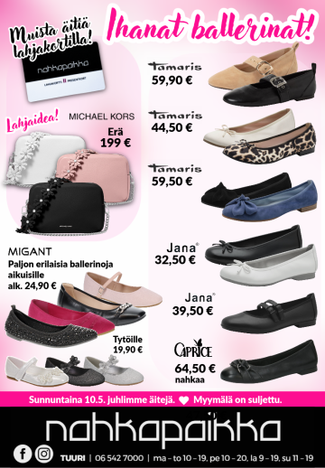 Ballerinat juhliin ja lahjakortti äidille Nahkapaikasta!